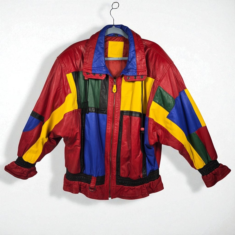 Vintage Mixed Blues Leather Jacket Woman Large Color Block 80s 90s Retro Bold